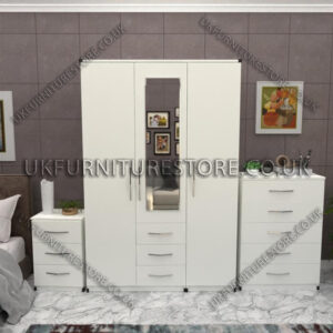 White 3 Door Wardrobe Set With 1 Mirror and 3 Bottom Drawers