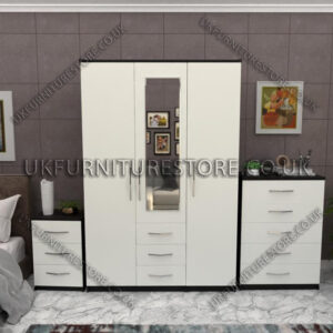 Front White Side Black 3 Door Wardrobe Set With 1 Mirror and 3 Bottom Drawers