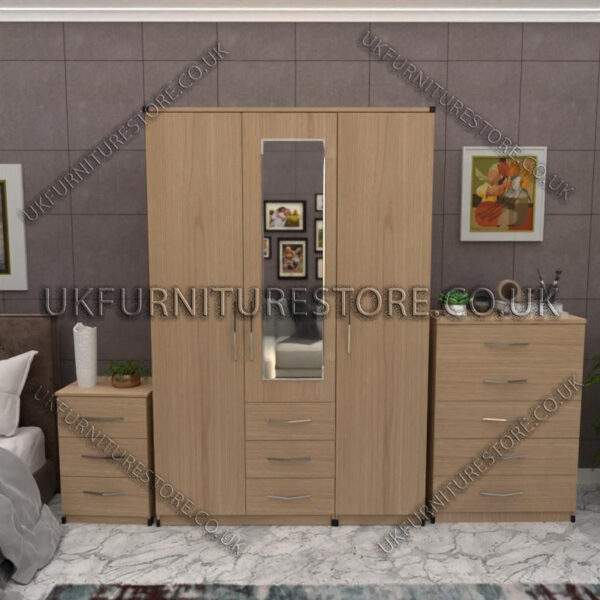 Oak 3 Door Wardrobe Set With 1 Mirror and 3 Bottom Drawers