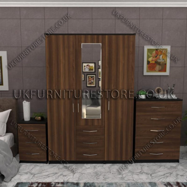 Front Walnut Side Black 3 Door Wardrobe Set With 1 Mirror and 3 Bottom Drawers