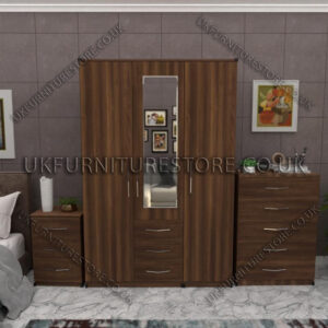 Walnut 3 Door Wardrobe Set With 1 Mirror and 3 Bottom Drawers
