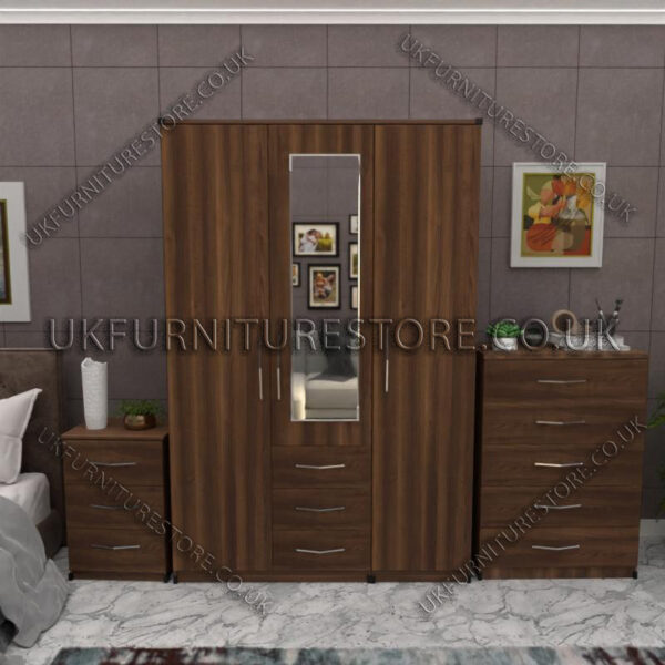 Walnut 3 Door Wardrobe Set With 1 Mirror and 3 Bottom Drawers