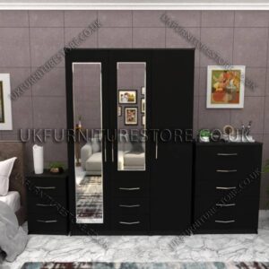 Black 3 Door Wardrobe Set With 2 Mirrors and 3 Bottom Drawers