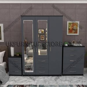 Front Gray Side Black 3 Door Wardrobe Set With 2 Mirrors and 3 Bottom Drawers
