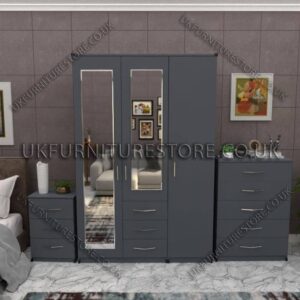Gray 3 Door Wardrobe Set With 2 Mirrors and 3 Bottom Drawers
