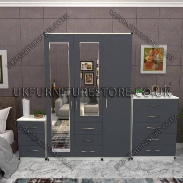 Front Gray Side White 3 Door Wardrobe Set With 2 Mirrors and 3 Bottom Drawers