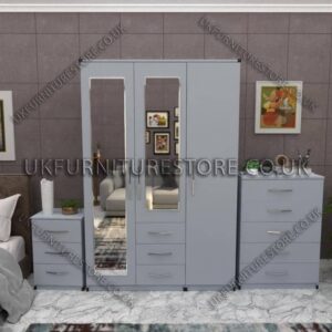 Silver 3 Door Wardrobe Set With 2 Mirrors and 3 Bottom Drawers