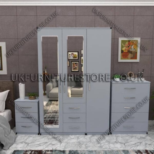 Silver 3 Door Wardrobe Set With 2 Mirrors and 3 Bottom Drawers