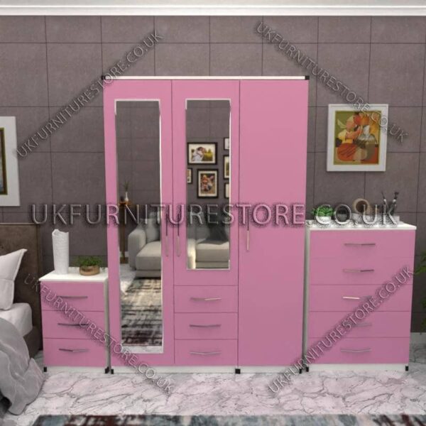 Front Pink Side White 3 Door Wardrobe Set With 2 Mirrors and 3 Bottom Drawers