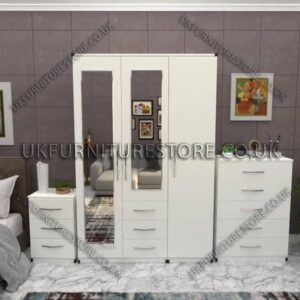 White 3 Door Wardrobe Set With 2 Mirrors and 3 Bottom Drawers
