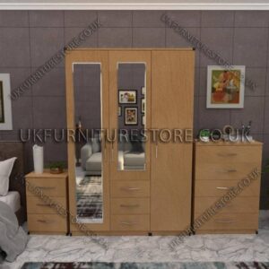 Beech 3 Door Wardrobe Set With 2 Mirrors and 3 Bottom Drawers