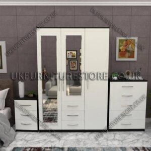 Front White Side Black 3 Door Wardrobe Set With 2 Mirrors and 3 Bottom Drawers