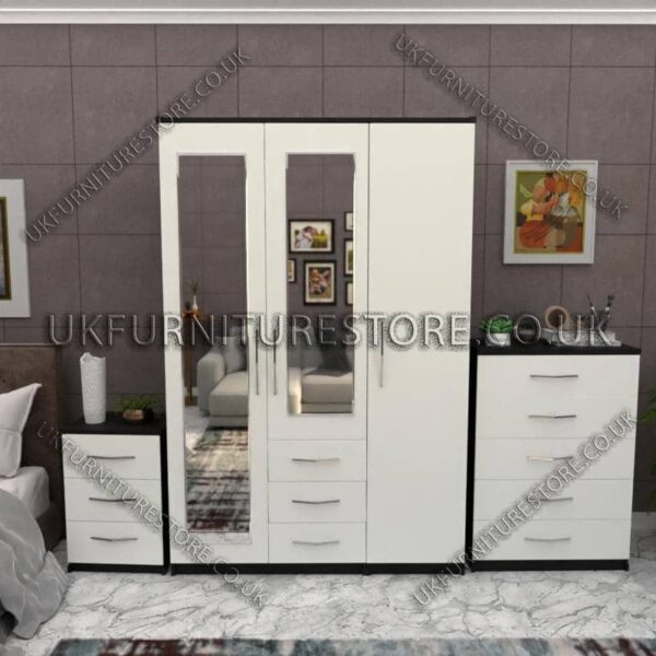 Front White Side Black 3 Door Wardrobe Set With 2 Mirrors and 3 Bottom Drawers