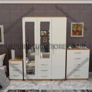 Front White Side Oak 3 Door Wardrobe Set With 2 Mirrors and 3 Bottom Drawers