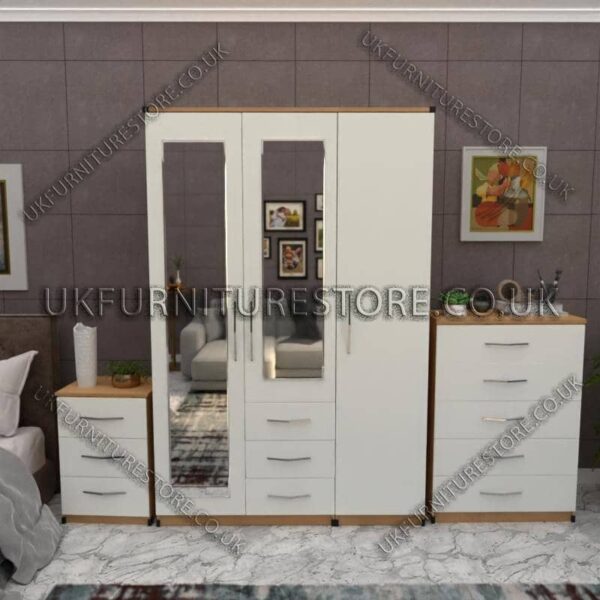 Front White Side Oak 3 Door Wardrobe Set With 2 Mirrors and 3 Bottom Drawers
