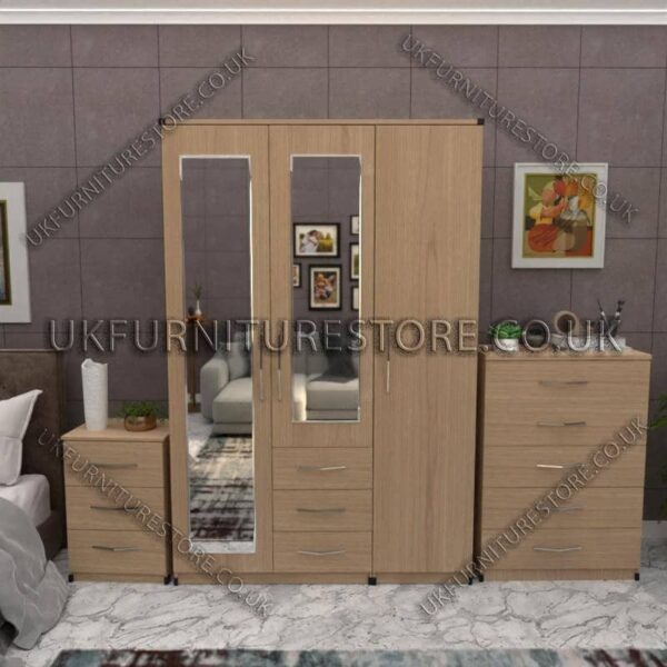 Oak 3 Door Wardrobe Set With 2 Mirrors and 3 Bottom Drawers