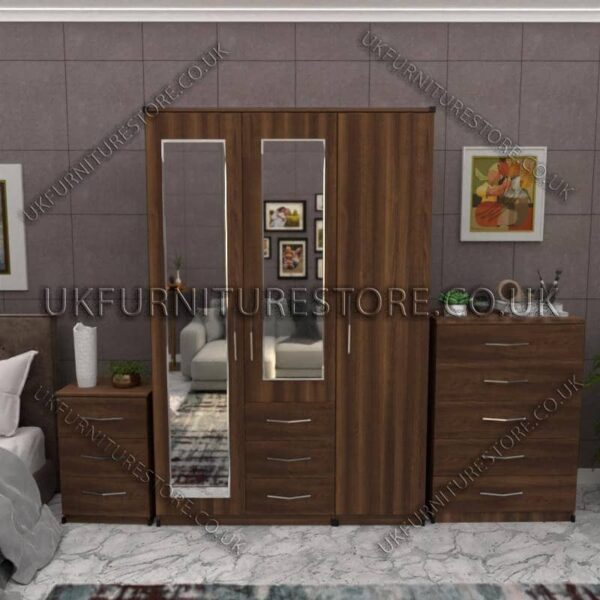 Walnut 3 Door Wardrobe Set With 2 Mirrors and 3 Bottom Drawers