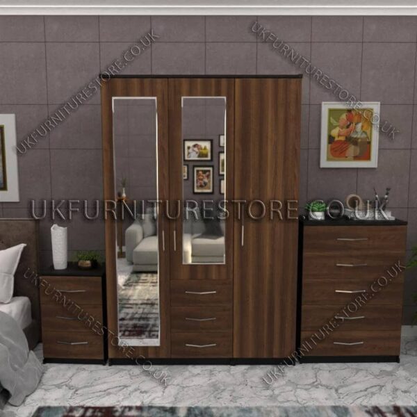 Front Walnut Side Black 3 Door Wardrobe Set With 2 Mirrors and 3 Bottom Drawers