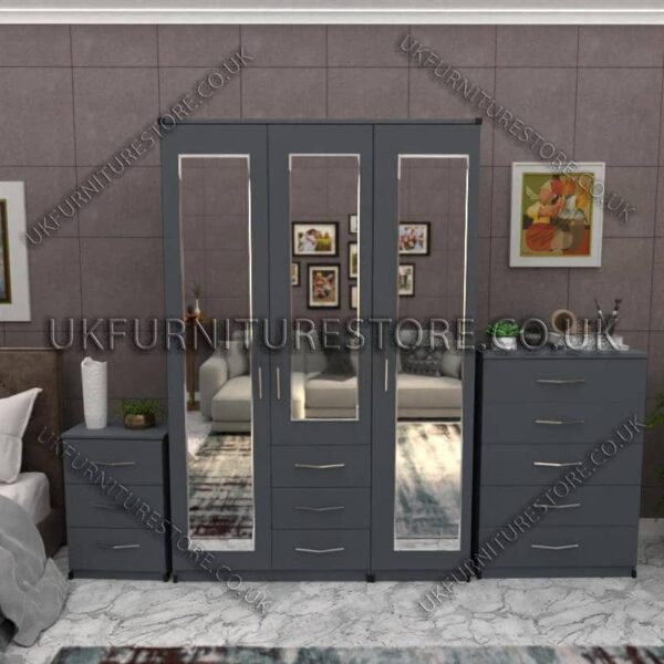 Gray 3 Door Wardrobe Set With 3 Mirrors and 2 Bottom Drawers