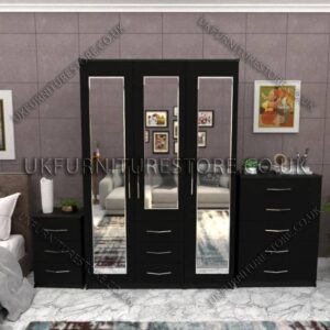 Walnut 3 Door Wardrobe Set With 3 Mirrors and 2 Bottom Drawers