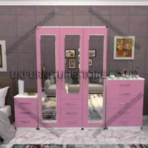 Front Pink Side White 3 Door Wardrobe Set With 3 Mirrors and 2 Bottom Drawers