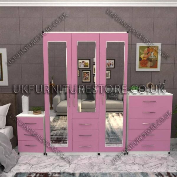 Front Pink Side White 3 Door Wardrobe Set With 3 Mirrors and 2 Bottom Drawers