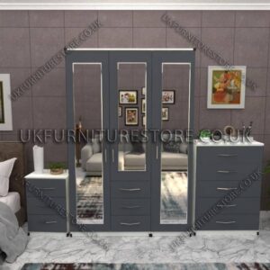 Front Gray Side White 3 Door Wardrobe Set With 3 Mirrors and 3 Bottom Drawers