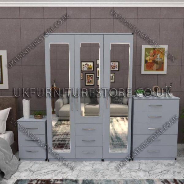 Silver 3 Door Wardrobe Set With 3 Mirrors and 3 Bottom Drawers