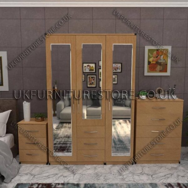 Oak 3 Door Wardrobe Set With 3 Mirrors and 3 Bottom Drawers