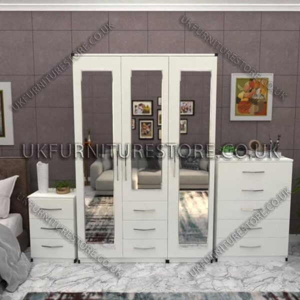 White 3 Door Wardrobe Set With 3 Mirrors and 3 Bottom Drawers