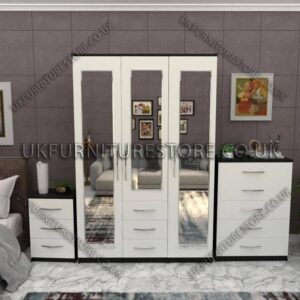 Front White Side Black 3 Door Wardrobe Set With 3 Mirrors and 3 Bottom Drawers