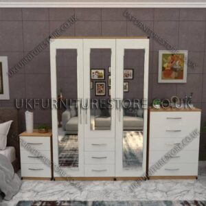 Front White Side Oak 3 Door Wardrobe Set With 3 Mirrors and 3 Bottom Drawers