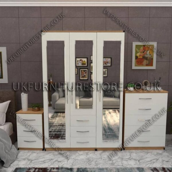 Front White Side Oak 3 Door Wardrobe Set With 3 Mirrors and 3 Bottom Drawers