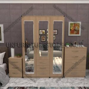 Oak 3 Door Wardrobe Set With 3 Mirrors and 3 Bottom Drawers