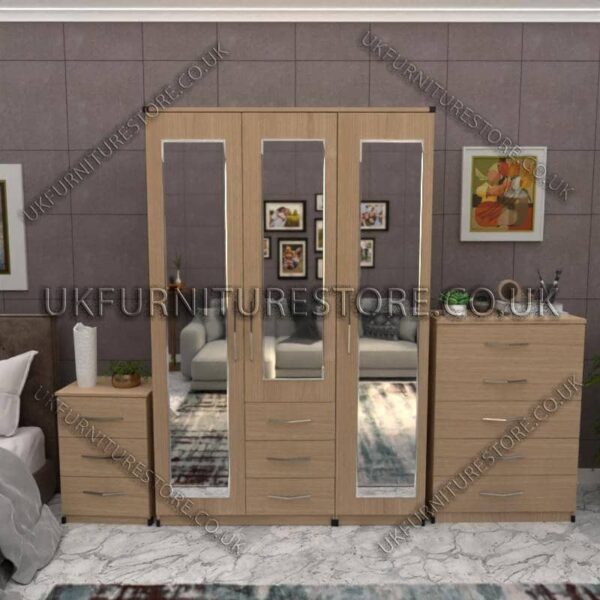 Oak 3 Door Wardrobe Set With 3 Mirrors and 3 Bottom Drawers