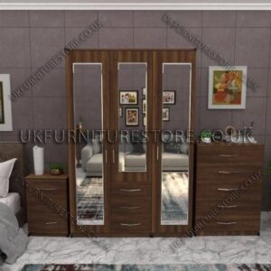 Walnut 3 Door Wardrobe Set With 3 Mirrors and 3 Bottom Drawers
