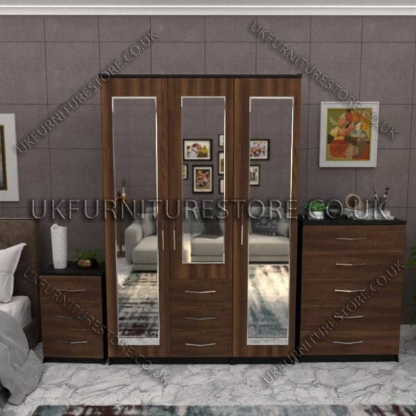 Front Walnut Side Black 3 Door Wardrobe Set With 3 Mirrors and 3 Bottom Drawers