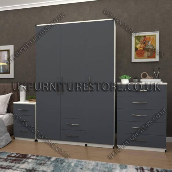 Front Gray Side White 3 Door Wardrobe Set With 2 Bottom Drawers