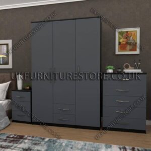 Front Gray Side Black 3 Door Wardrobe Set With 2 Bottom Drawers