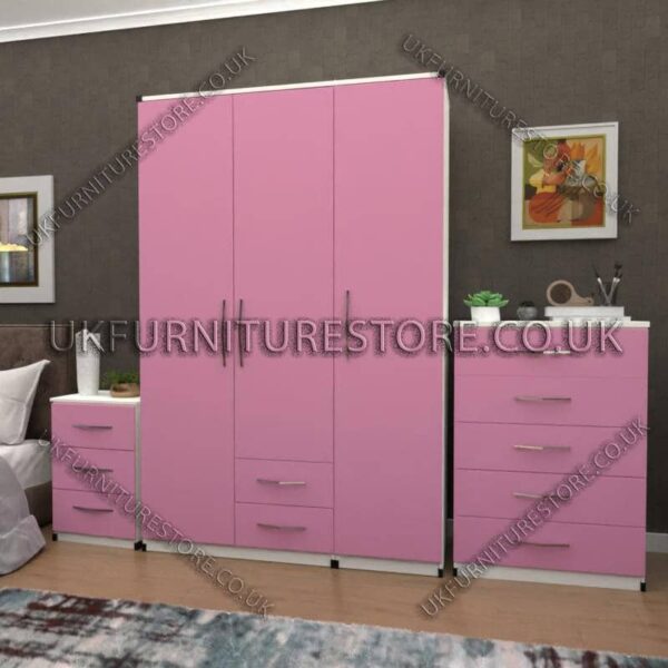 Front Pink Side White 3 Door Wardrobe Set With 2 Bottom Drawers