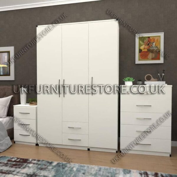 White 3 Door Wardrobe Set With 2 Bottom Drawers