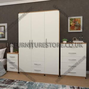 Front White Side Oak 3 Door Wardrobe Set With 2 Bottom Drawers
