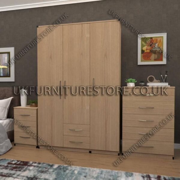 Oak 3 Door Wardrobe Set With 2 Bottom Drawers
