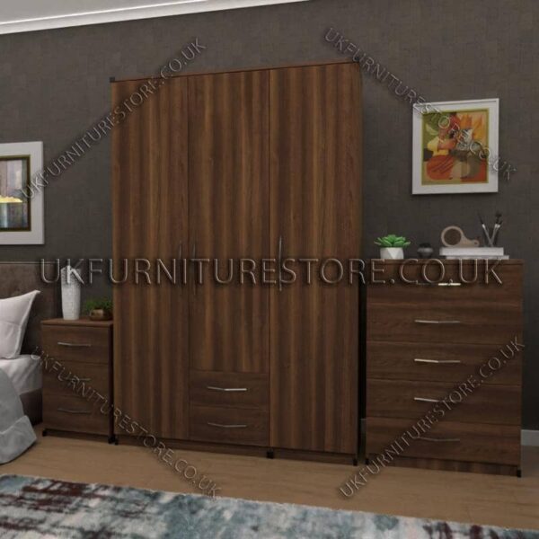 Walnut 3 Door Wardrobe Set With 2 Bottom Drawers