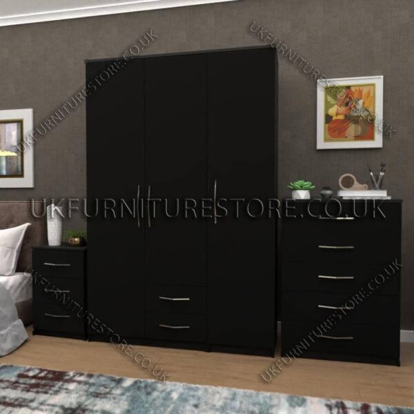 Black 3 Door Wardrobe Set With 2 Bottom Drawers