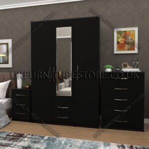 Black 3 Door Wardrobe Set With 1 Mirror and 2 Bottom Drawers