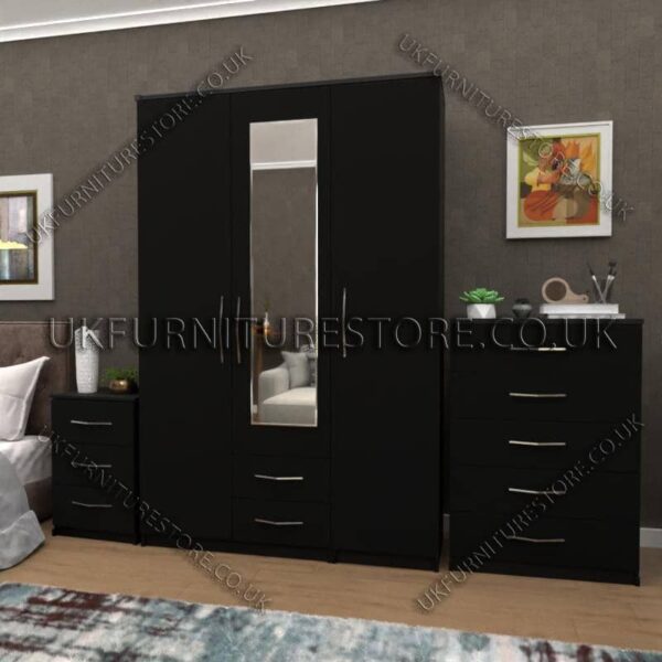 Black 3 Door Wardrobe Set With 1 Mirror and 2 Bottom Drawers