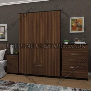 Front Walnut Side Black 3 Door Wardrobe Set With 2 Bottom Drawers
