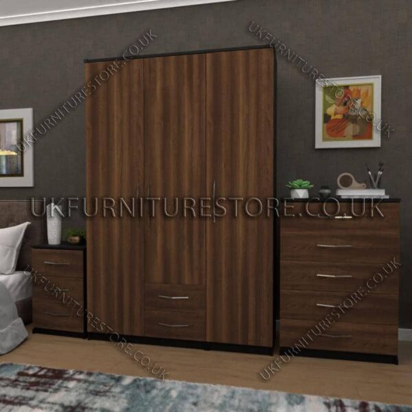 Front Walnut Side Black 3 Door Wardrobe Set With 2 Bottom Drawers