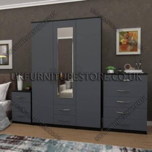 Front Gray Side Black 3 Door Wardrobe Set With 1 Mirror and 2 Bottom Drawers